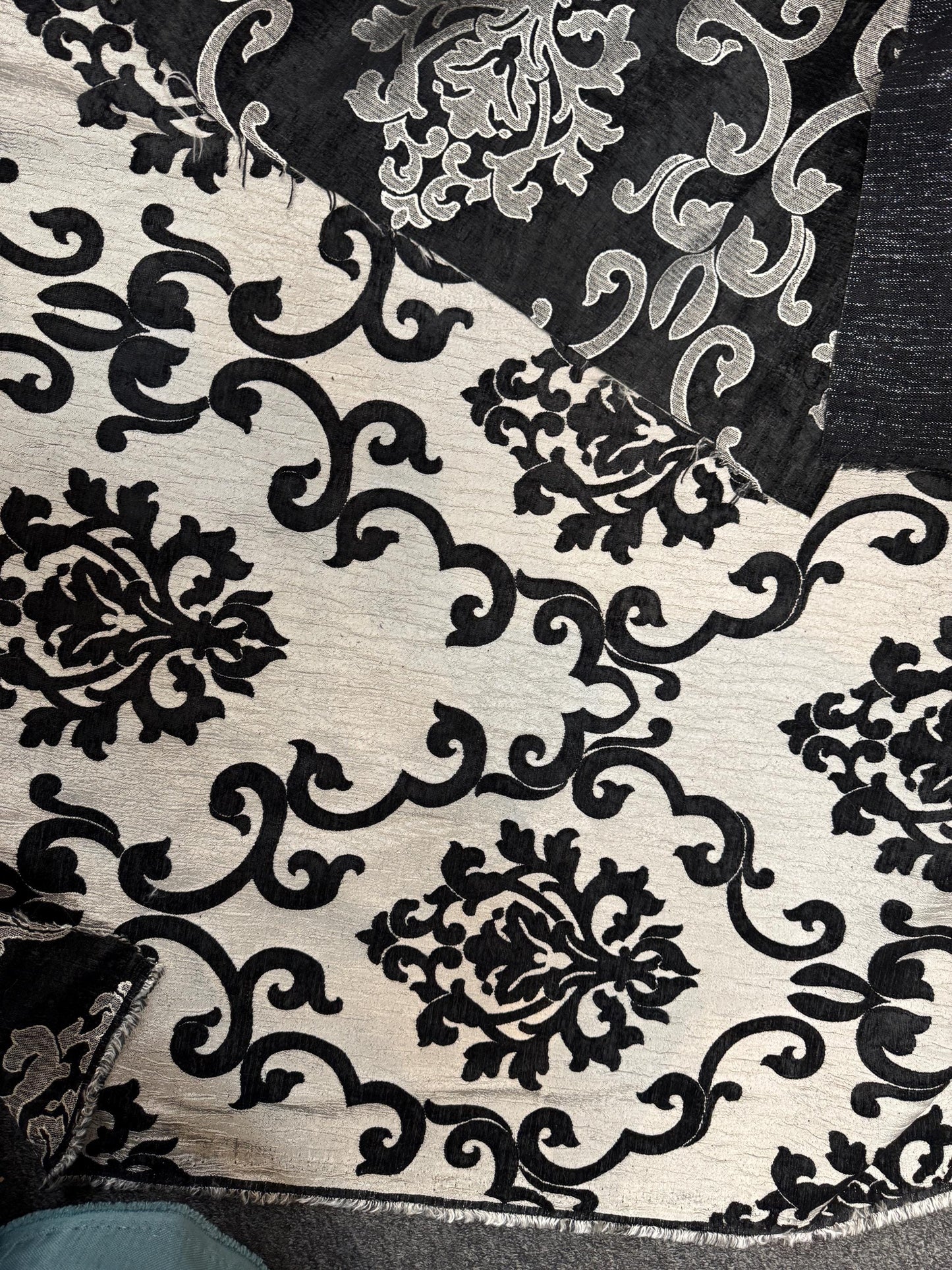 Chenille BAROQUE UPHOLSTERY Fabric Jacquard Damask, 58" wide ,color Black/silver sold by yard in continuous yards