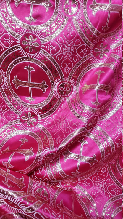 Liturgical Brocade,Church Gorgeous Cross acetatebrocade Fabric Cross Brocade Fuschia/Gold 52" Wide