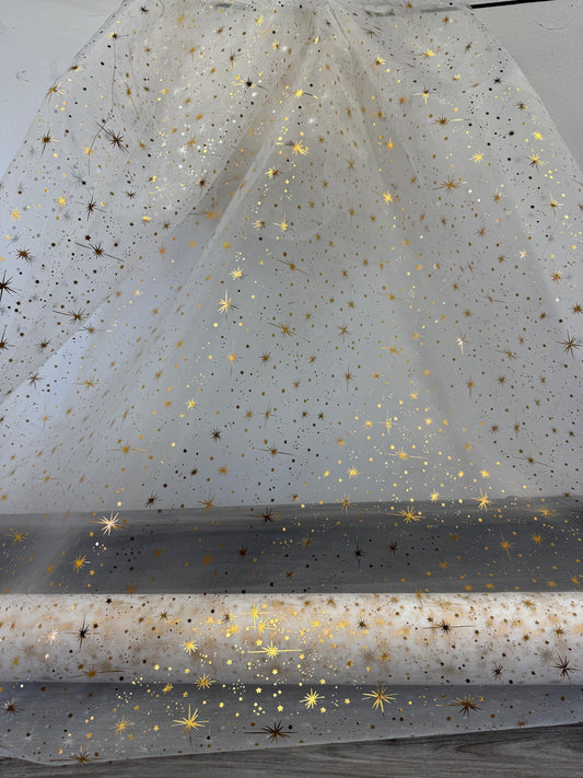 Star Bursts Sheer Organza white/Gold 58" Inch Wide Fabric by The Yard