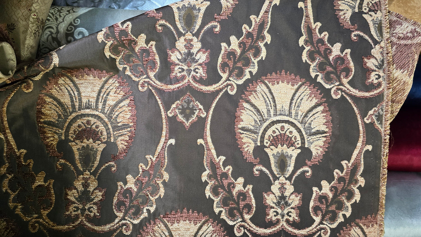 Chenille BAROQUE UPHOLSTERY Fabric Jacquard Damask, 58" wide ,color Brown, sold by yard in continuous yards