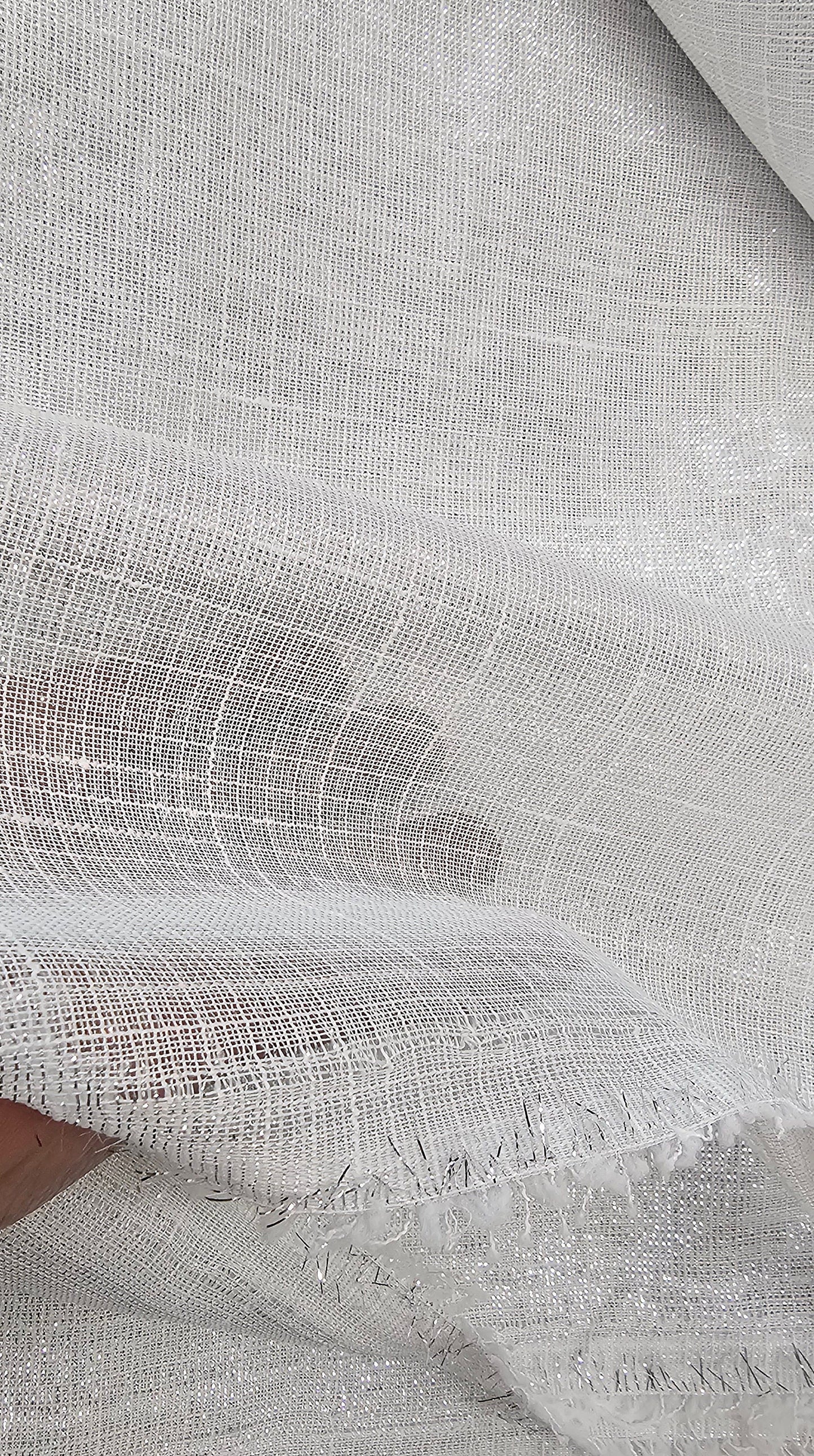 White and Metallic Silver Drapery Sheer, 110" wide, sold by yard