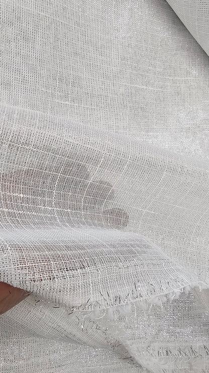 White and Metallic Silver Drapery Sheer, 110" wide, sold by yard