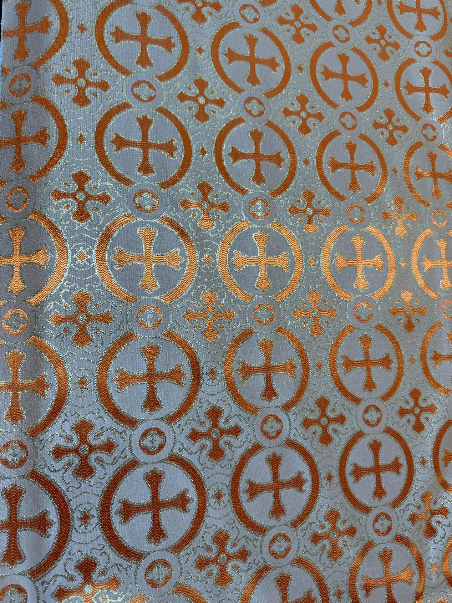 Liturgical Brocade,Church Gorgeous Cross acetate brocade Fabric Cross Brocade Orange/Gold 58" Wide