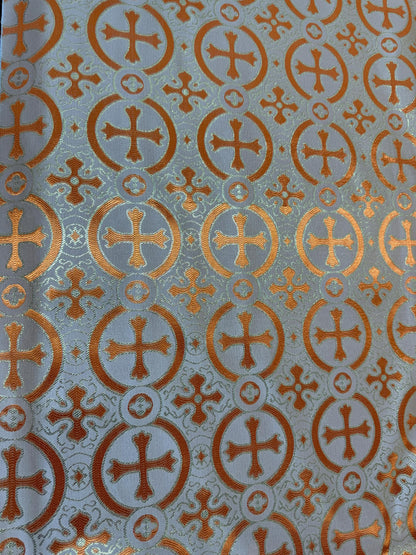 Liturgical Brocade,Church Gorgeous Cross acetate brocade Fabric Cross Brocade Orange/Gold 58" Wide