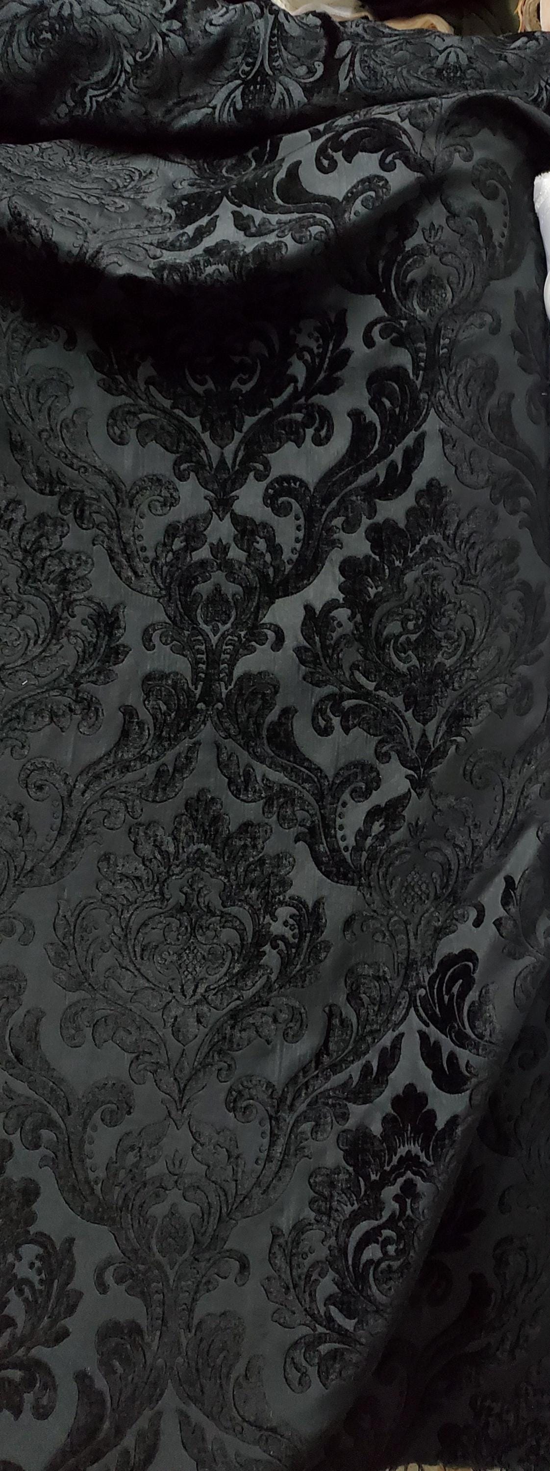 Chenille Fabric Upholstery,  Damask Burnout Chenille Velvet ,Jacquard Damask, 54" wide, color Black/Black , sold by yard in continuous yards