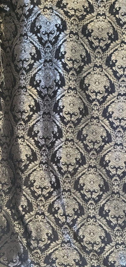 Chenille BAROQUE UPHOLSTERY Fabric Jacquard Damask, 58" wide ,color Black/Silver, Reversible, sold by yard in continuous yards