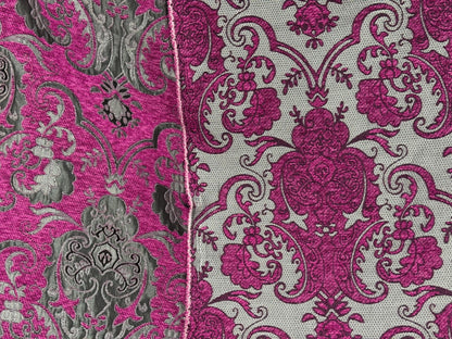 Chenille, BAROQUE UPHOLSTERY Fabric Jacquard, Damask, 58" wide ,color pink/silver, sold by yard in continuous yards