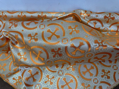Liturgical Brocade,Church Gorgeous Cross acetate brocade Fabric Cross Brocade Orange/Gold 58" Wide