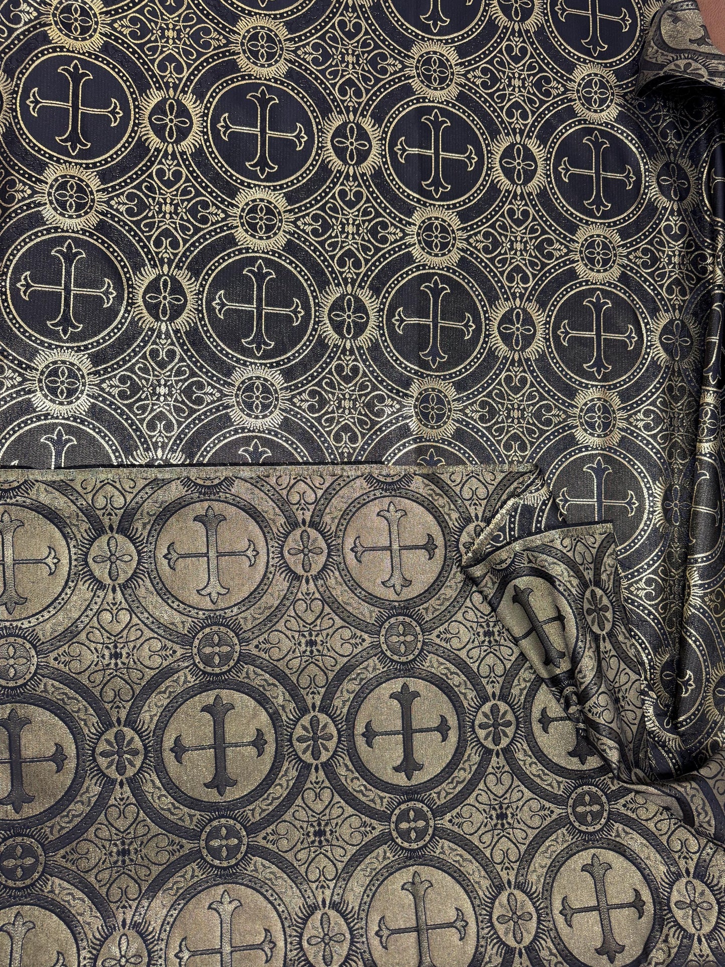 Liturgical Brocade,Church Gorgeous Cross acetate brocade Fabric Cross Brocade Black/Gold 58" Wide
