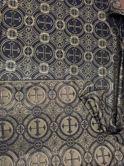 Liturgical Brocade,Church Gorgeous Cross acetate brocade Fabric Cross Brocade Black/Gold 58" Wide