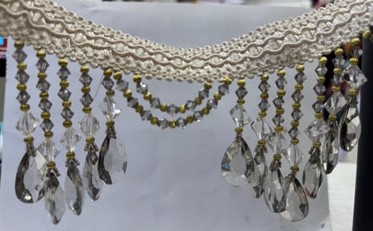 Beaded Trim Fringe 4'' L, W/Gimp Top Sold by The Yard - smoke Silver/ivory color,  Brand: ad fabric