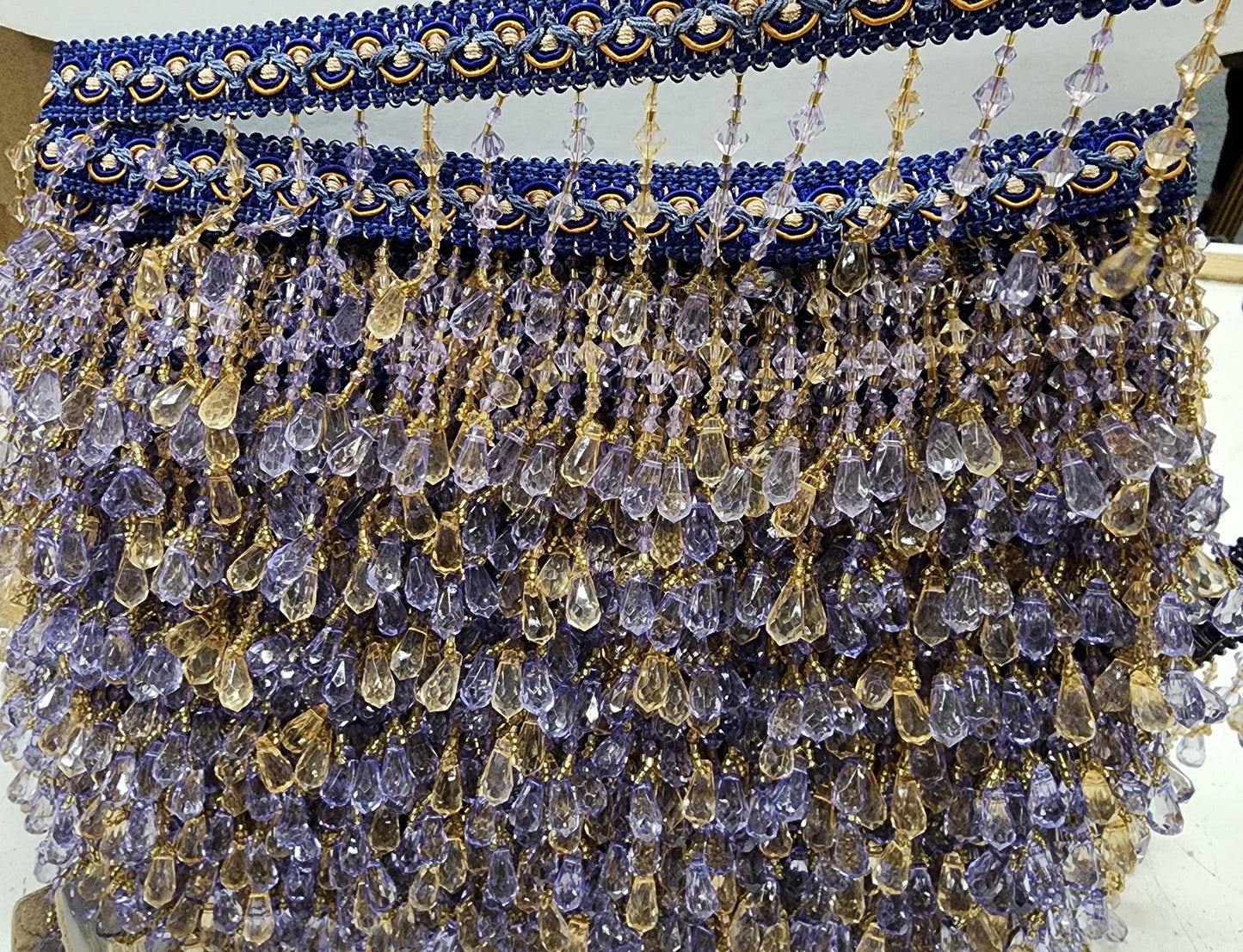 Braided Hanging Beads, Color blue/gold /lilac Tassel Trim Fringe Fabric Ribbon Trimming Handwork sold by yard
