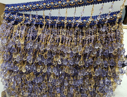 Braided Hanging Beads, Color blue/gold /lilac Tassel Trim Fringe Fabric Ribbon Trimming Handwork sold by yard
