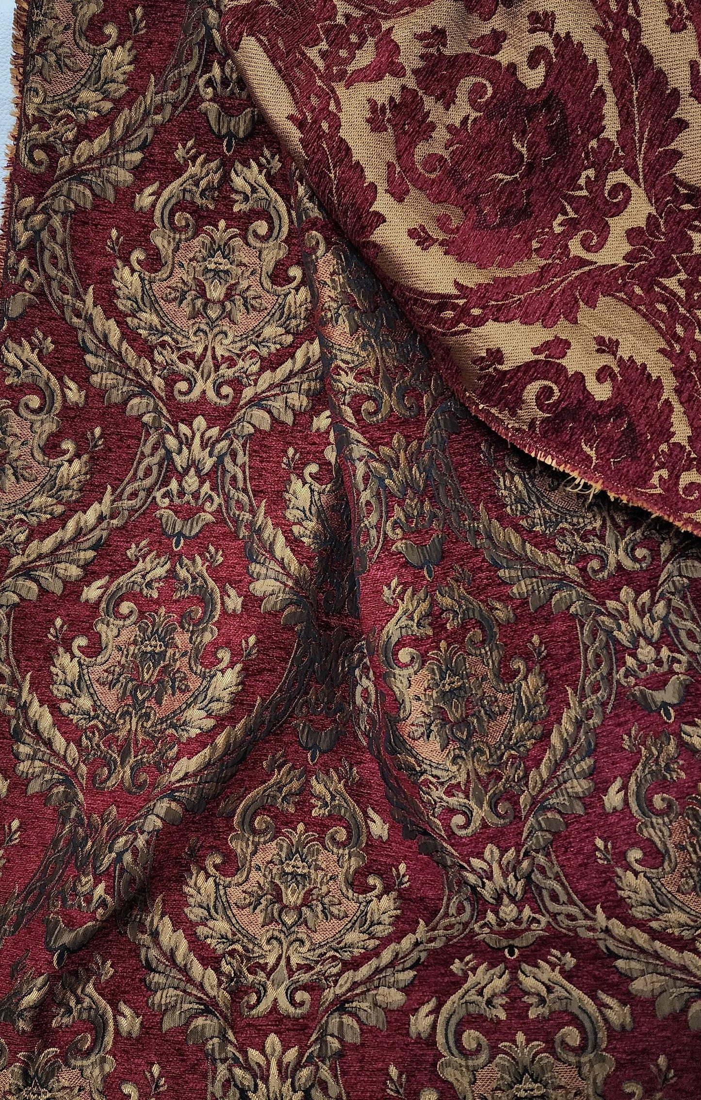 Damask tapestry chenille fabric - upholstery fabric, D. Red gold - 58" width - sold by yard in continuous yards