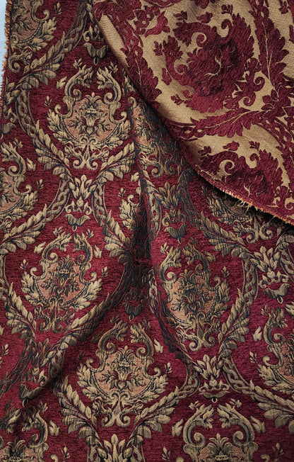Damask tapestry chenille fabric - upholstery fabric, D. Red gold - 58" width - sold by yard in continuous yards
