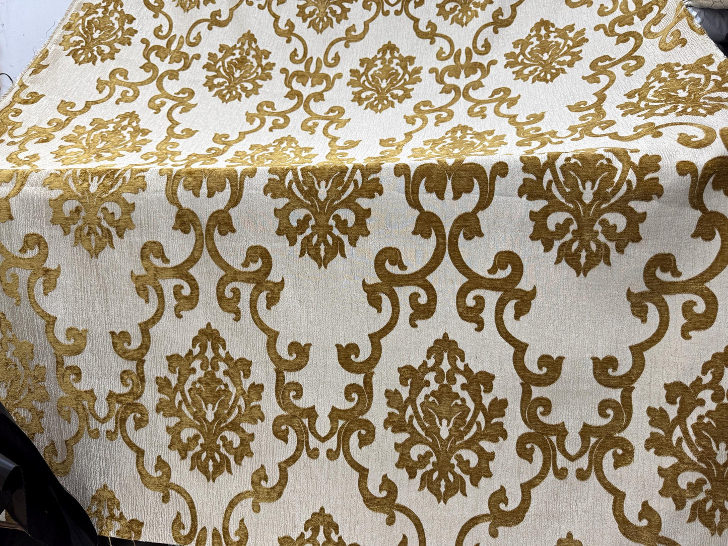 Chenille BAROQUE UPHOLSTERY Fabric Jacquard Damask, 58" wide ,color Cream/Gold sold by yard in continuous yards