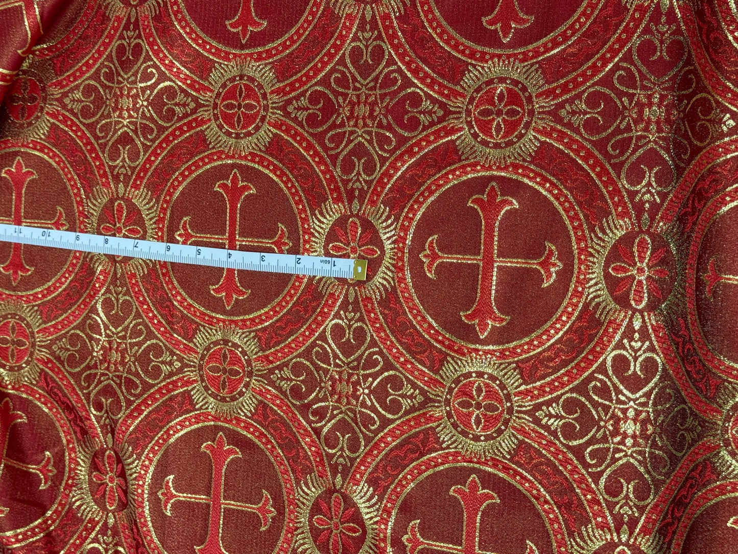 Liturgical Brocade,Church Gorgeous Cross acetatebrocade Fabric Cross Brocade Red/Gold  52" Wide