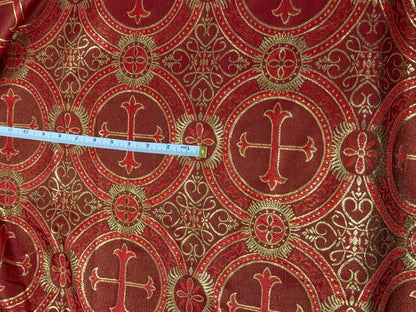 Liturgical Brocade,Church Gorgeous Cross acetatebrocade Fabric Cross Brocade Red/Gold  52" Wide