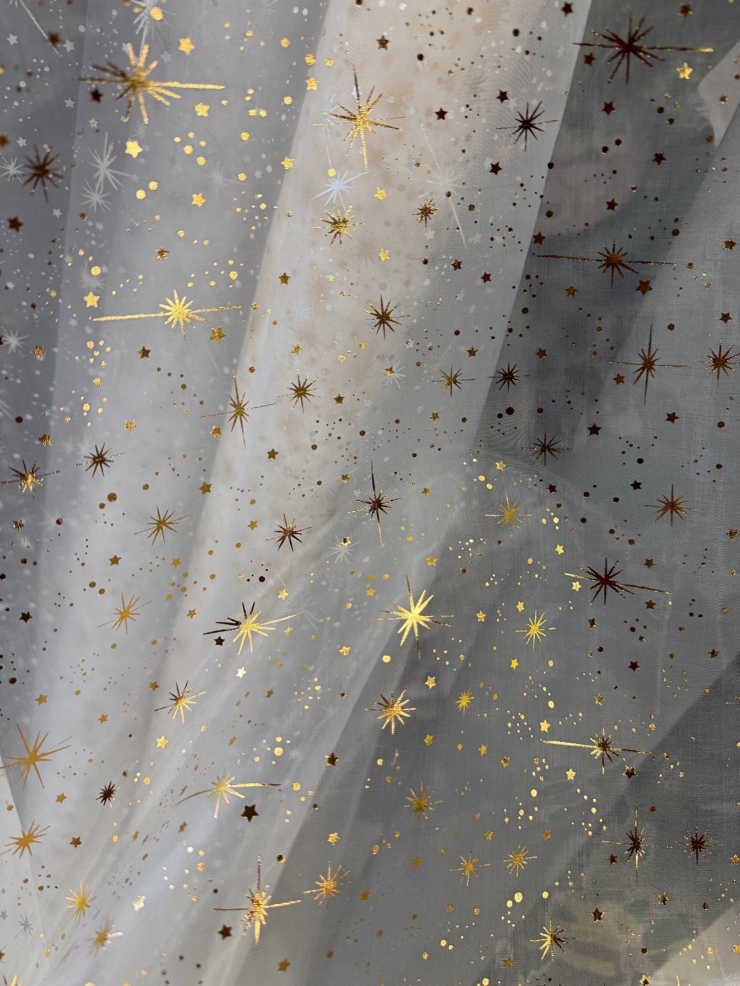 Star Bursts Sheer Organza white/Gold 58" Inch Wide Fabric by The Yard