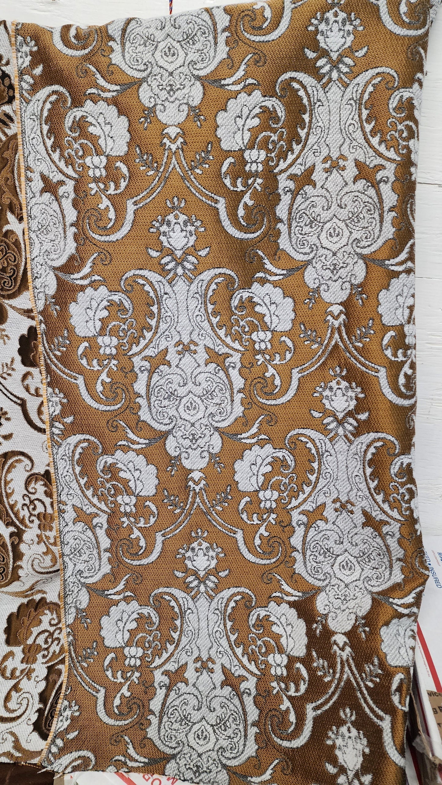 Chenille BAROQUE UPHOLSTERY Fabric Jacquard Damask, 58" wide ,color Cobalt Light silver/rush  tan,  sold by yard in continuous yards