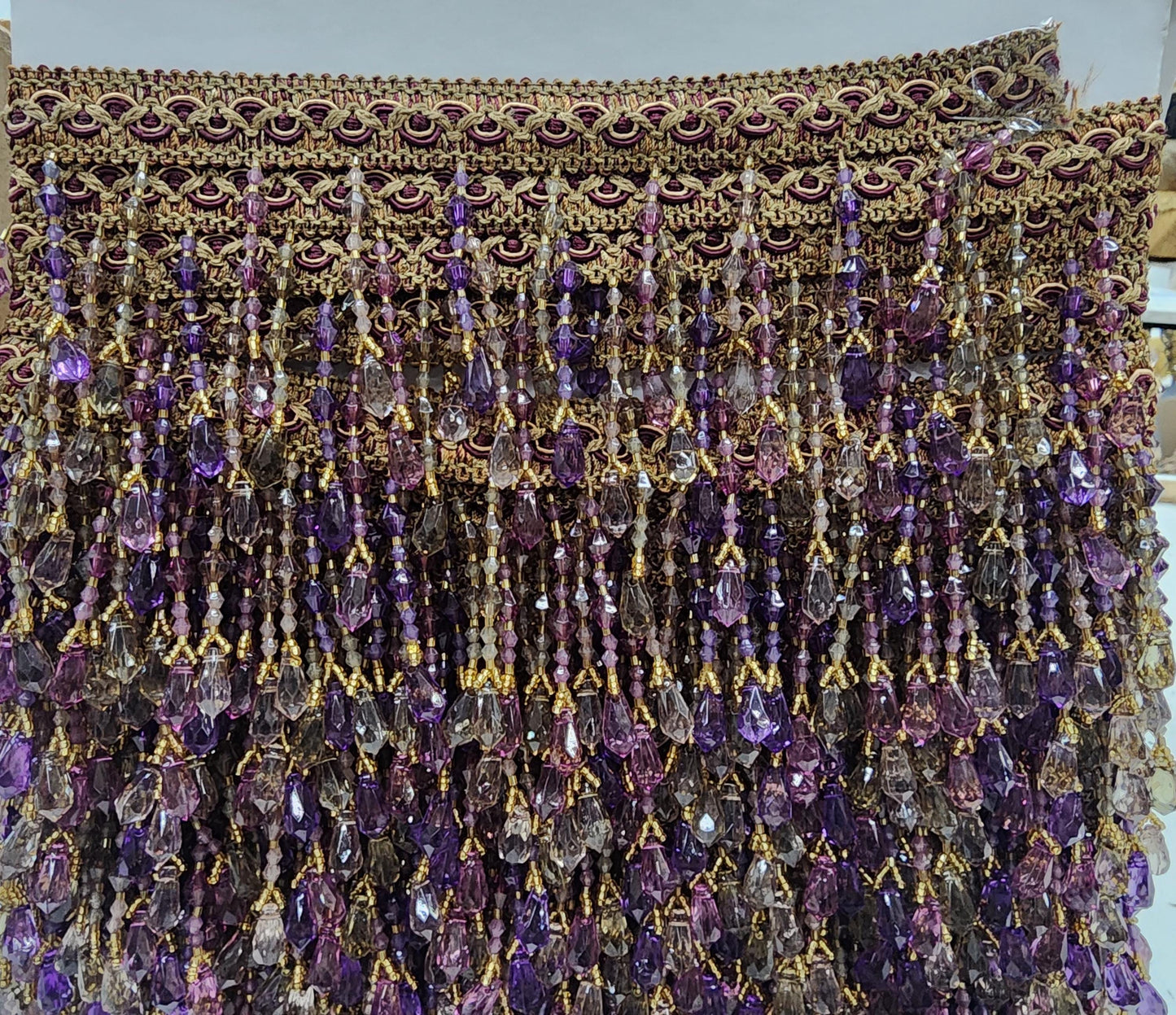 Braided Hanging Beads, Color blue/gold /lilac Tassel Trim Fringe Fabric Ribbon Trimming Handwork sold by yard