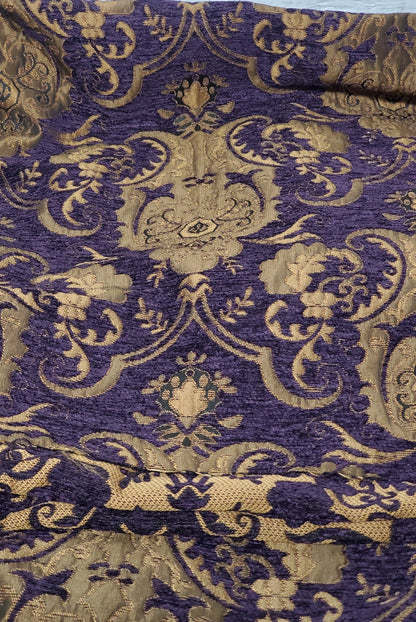 Chenille BAROQUE UPHOLSTERY Fabric Jacquard Damask, 58" wide ,color purple/gold, sold by yard in continuous yards