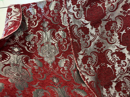 Chenille BAROQUE UPHOLSTERY Fabric Jacquard Damask, 58" wide ,color Red/Silver Reversible, sold by yard in continuous yards