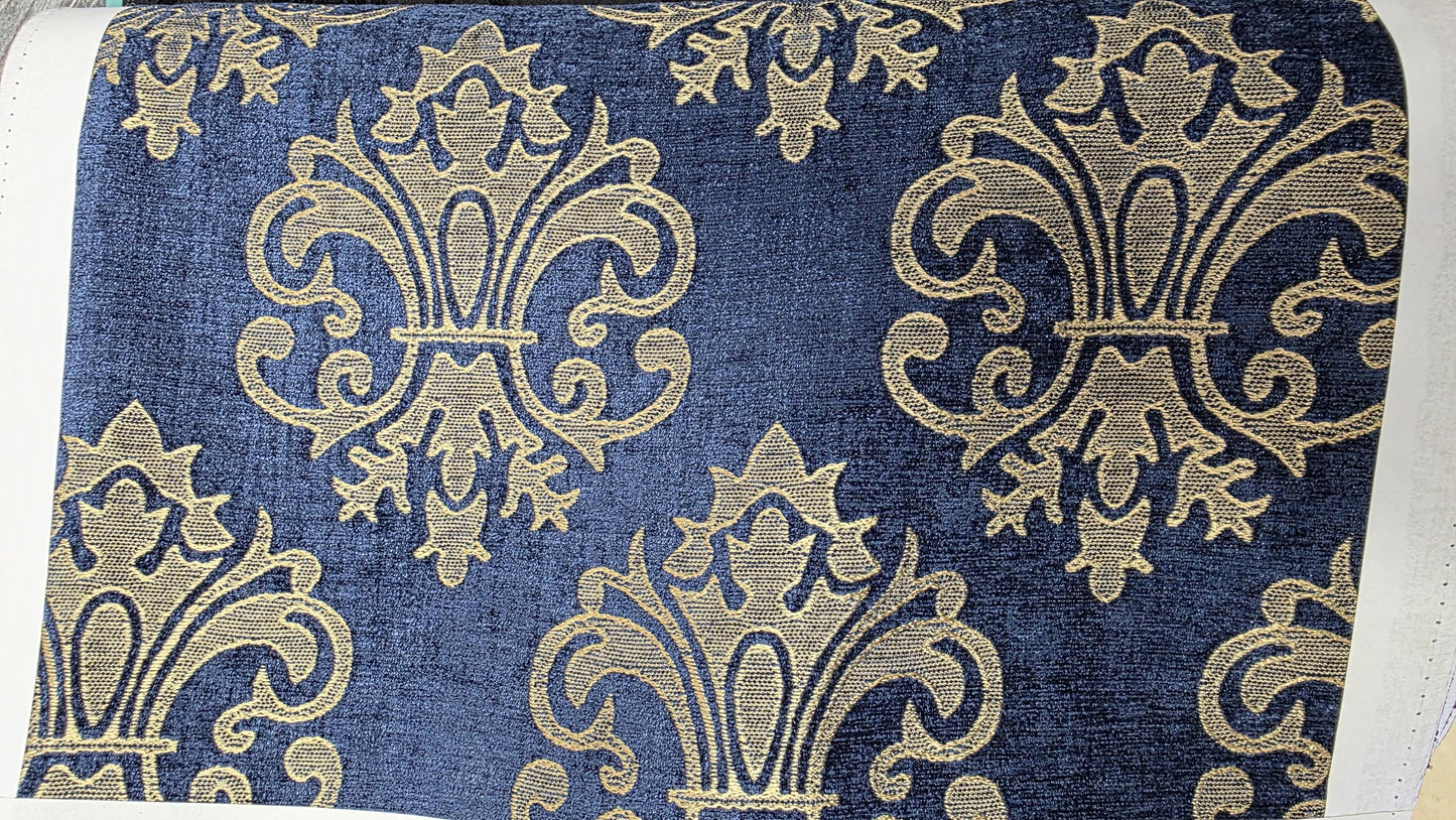 Chenille BAROQUE UPHOLSTERY Fabric Jacquard Damask, reversible, 54" wide ,color Blue/champagne, sold by yard in continuous yards