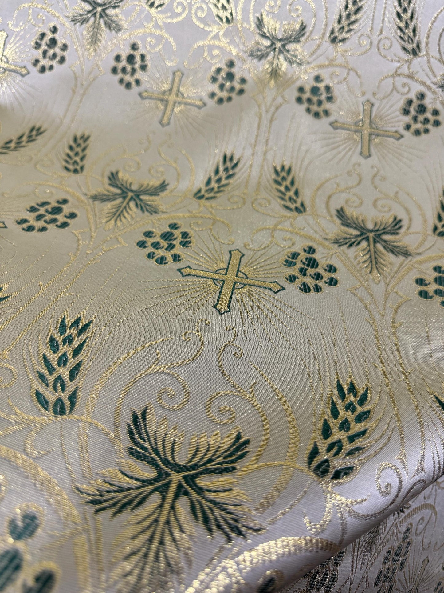 Liturgical Brocade, Green gold, Church Gorgeous Cross Acetate Taffeta Brocade Fabric Cross Metallic Brocade 60" Wide