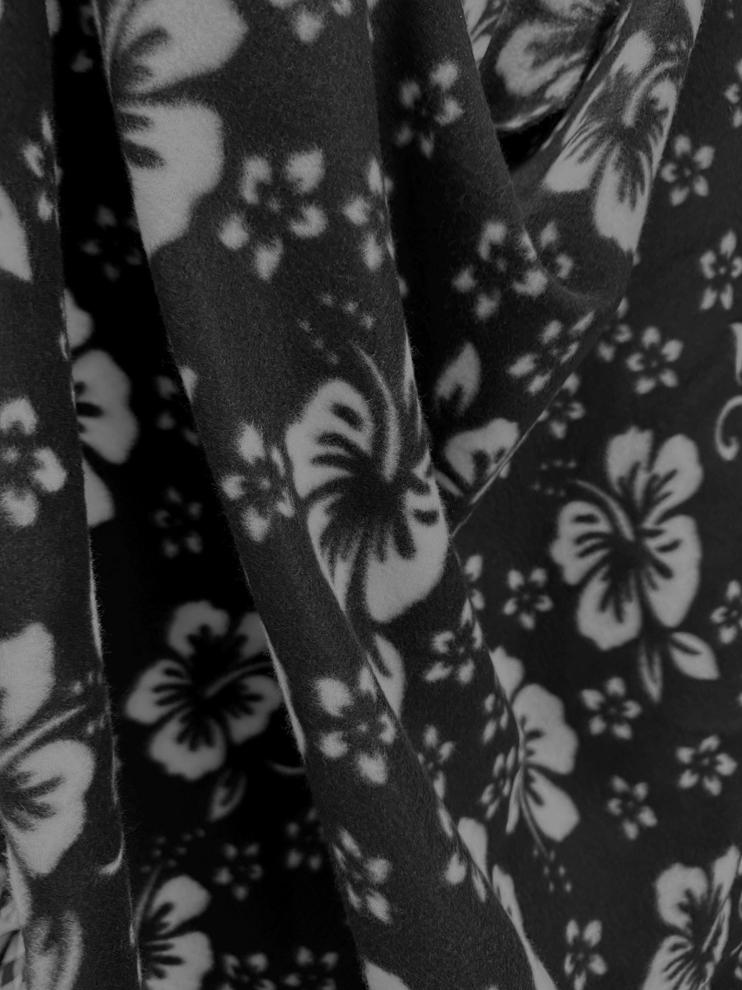 Hawaiian White Hibiscus Foliage Black Fleece Fabric / 60" Wide/Sold by The Yard