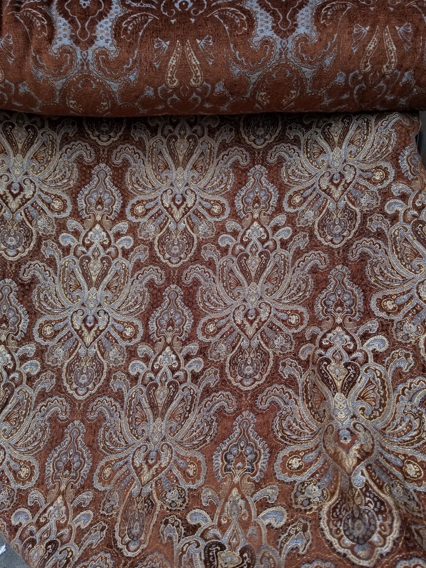 Chenille BAROQUE UPHOLSTERY Fabric Jacquard Damask, 58" wide ,color Blue/Brown, sold by yard in continuous yards