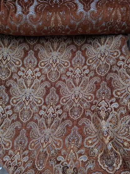 Chenille BAROQUE UPHOLSTERY Fabric Jacquard Damask, 58" wide ,color Blue/Brown, sold by yard in continuous yards