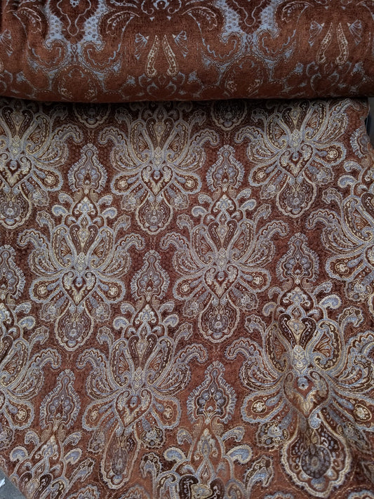 Chenille BAROQUE UPHOLSTERY Fabric Jacquard Damask, 58" wide ,color Blue/Brown, sold by yard in continuous yards