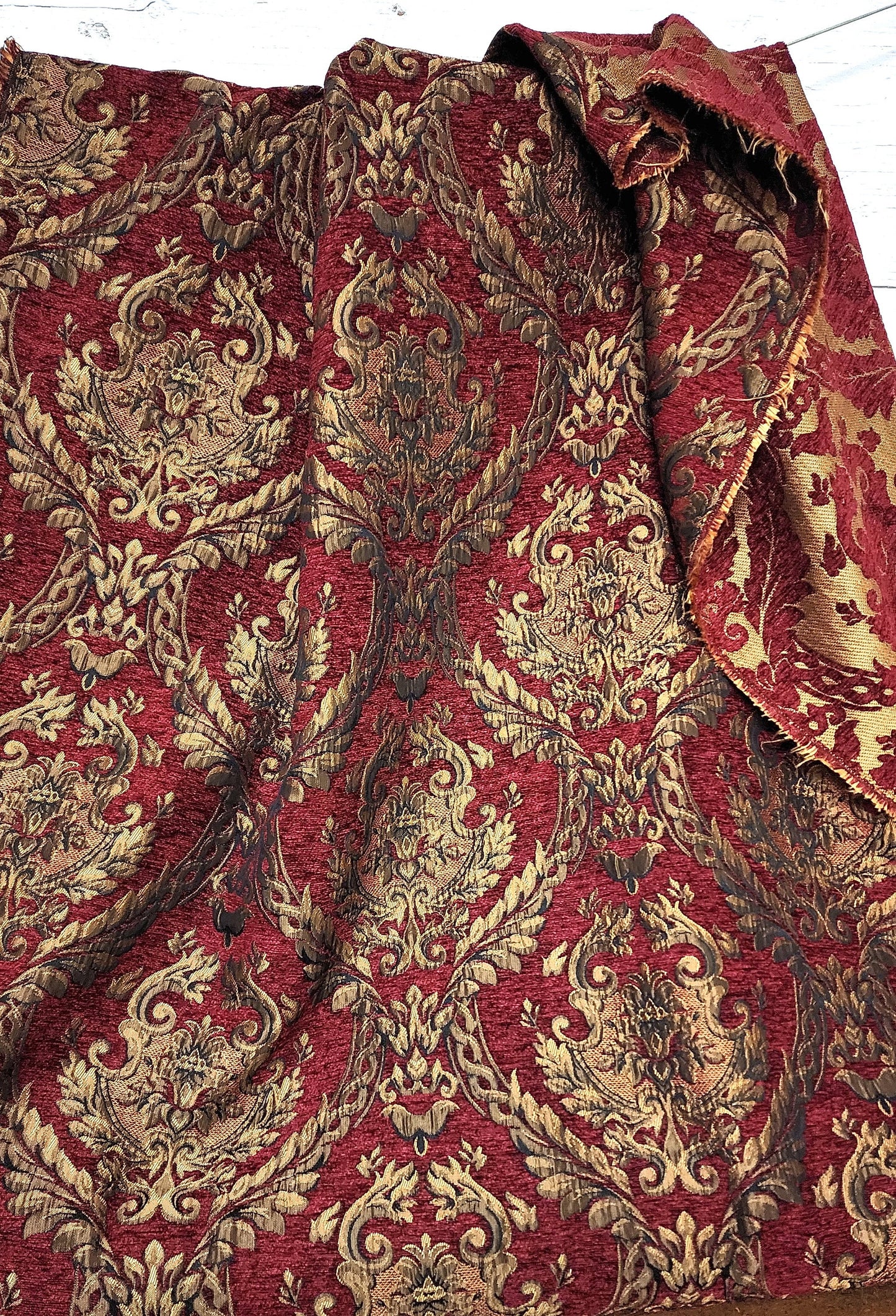 Damask tapestry chenille fabric - upholstery fabric, D. Red gold - 58" width - sold by yard in continuous yards