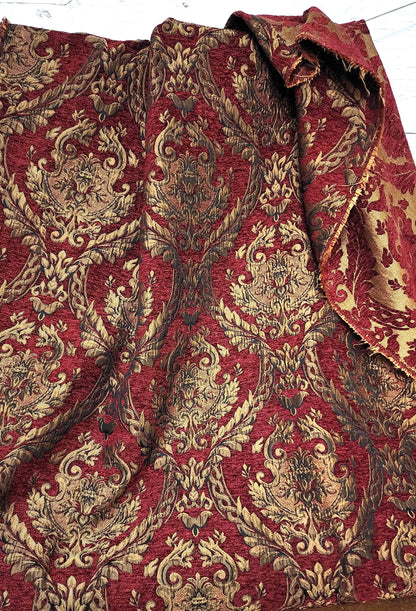 Damask tapestry chenille fabric - upholstery fabric, D. Red gold - 58" width - sold by yard in continuous yards