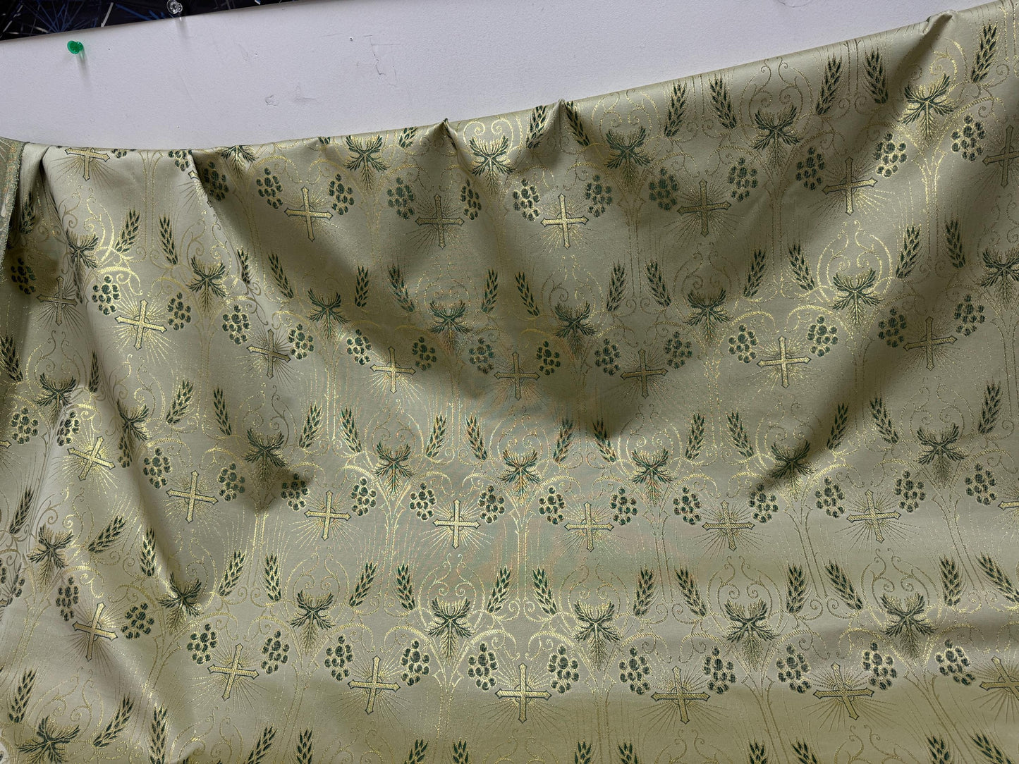 Liturgical Brocade, Green gold, Church Gorgeous Cross Acetate Taffeta Brocade Fabric Cross Metallic Brocade 60" Wide