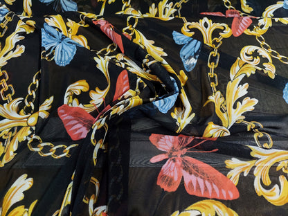 ad Power Mesh New chains with butterflies print on 4-way stretch mesh 58” Sold by the yard
