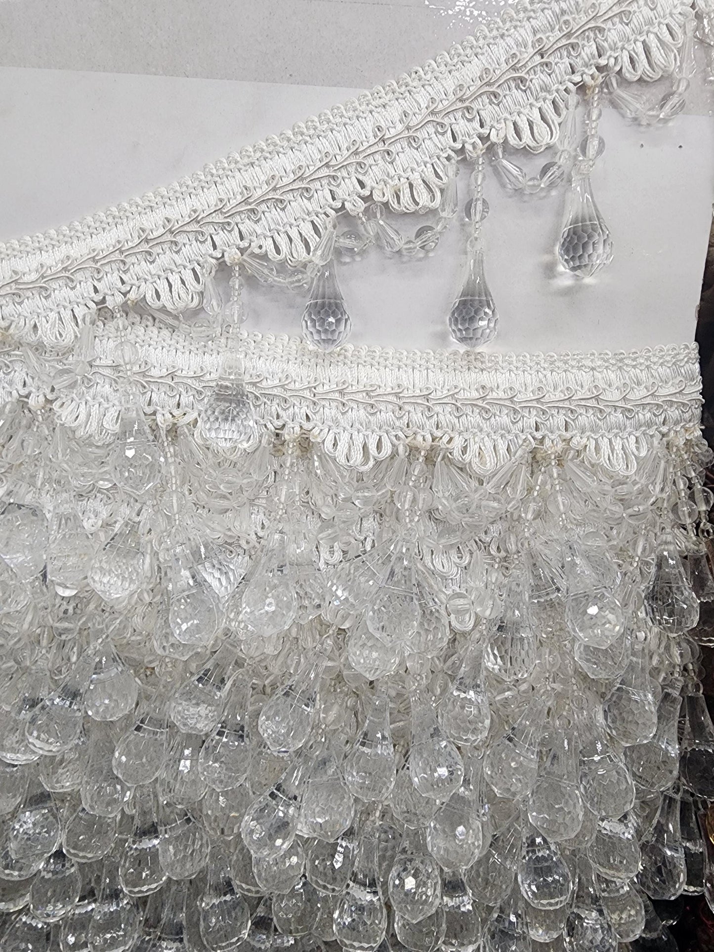 Beaded Trim Fringe 4'' L, W/Gimp Top Sold by The Yard - white color