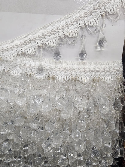 Beaded Trim Fringe 4'' L, W/Gimp Top Sold by The Yard - white color