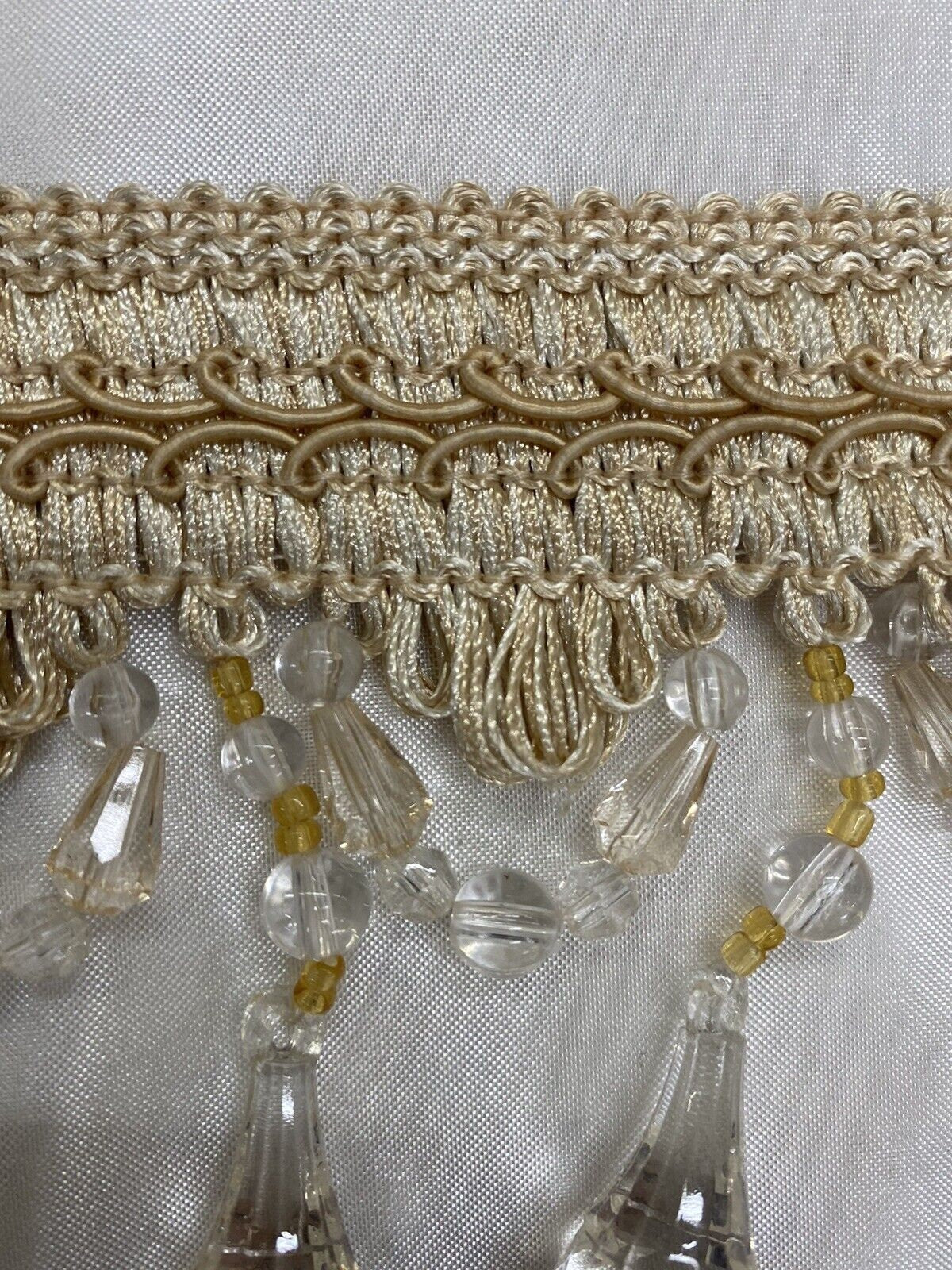 3.5” Tear Drop Beaded Trim Fringe Gimp Top Sold By The Yard Taupe / Clear Ivory Tassel Trim Fringe Fabric  for Decoration