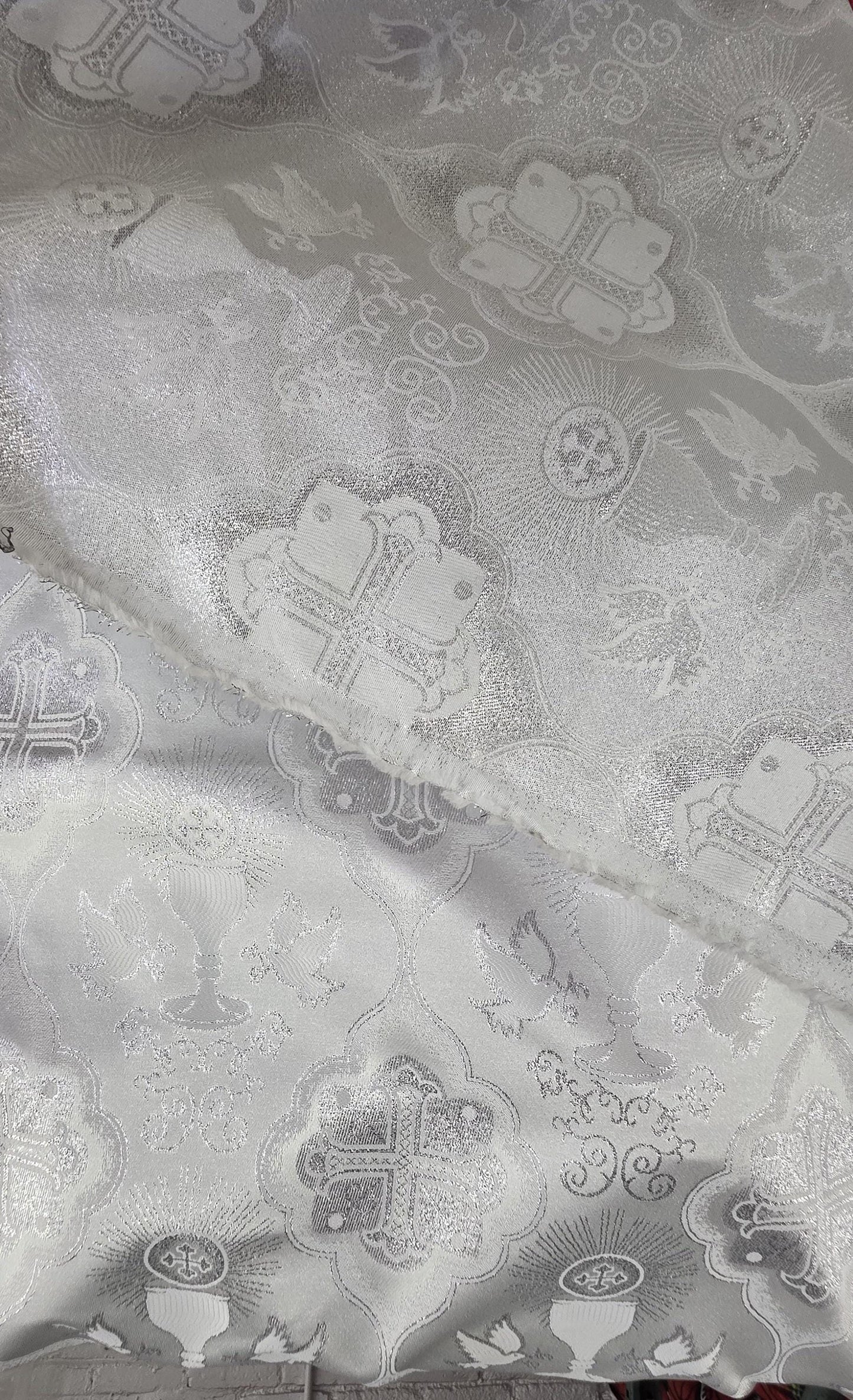 Liturgical Brocade,Church Gorgeous Cross acetate brocade Fabric Cross Brocade white/silver 52" Wide