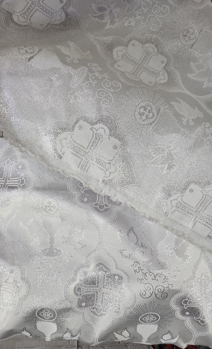 Liturgical Brocade,Church Gorgeous Cross acetate brocade Fabric Cross Brocade white/silver 52" Wide