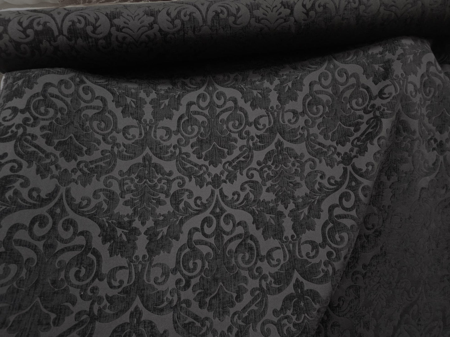 Chenille Fabric Upholstery,  Damask Burnout Chenille Velvet ,Jacquard Damask, 54" wide, color Black/Black , sold by yard in continuous yards