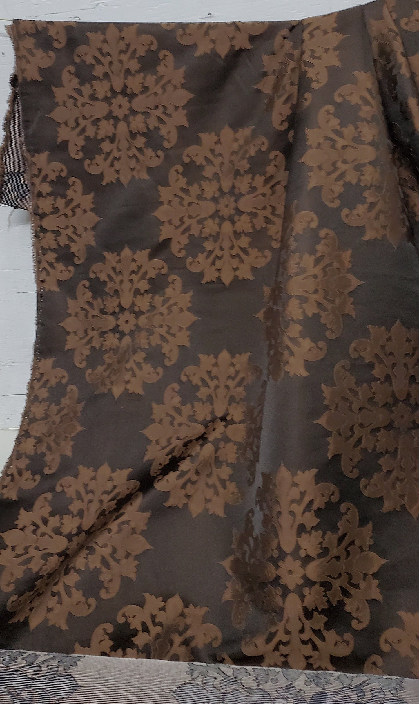 Satin Burnout Damask Drapery Upholstery Fabric, chocolate color, 54" wide, sold by yard