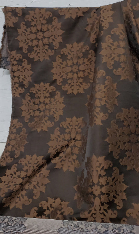 Satin Burnout Damask Drapery Upholstery Fabric, chocolate color, 54" wide, sold by yard