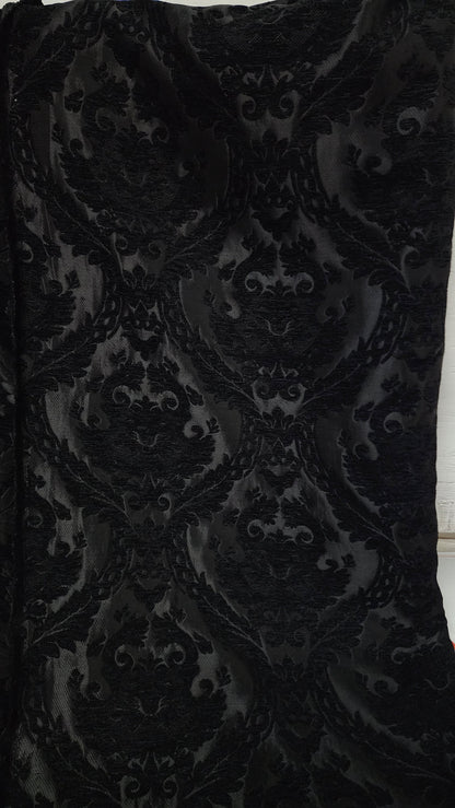 Damask tapestry chenille fabric - upholstery fabric, Black/Black - 56" width - sold by yard in continuous yards