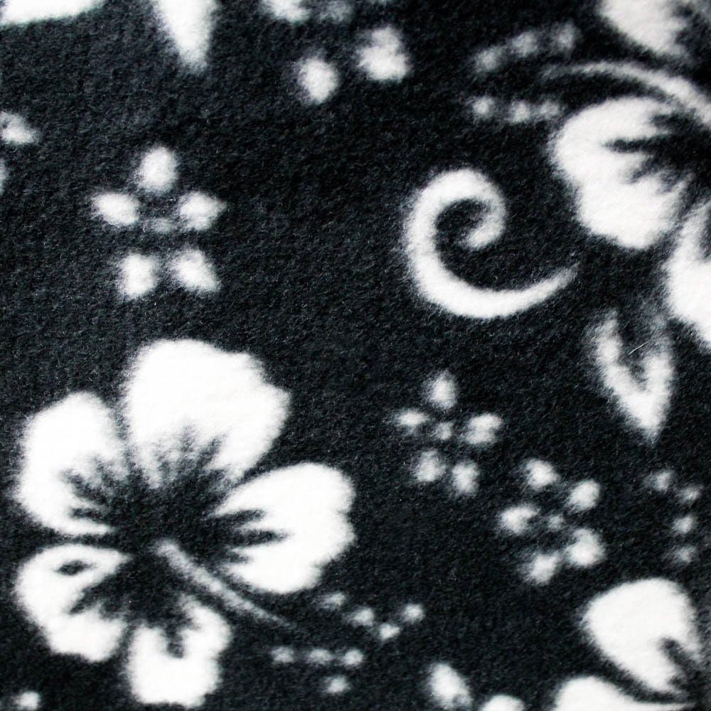 Hawaiian White Hibiscus Foliage Black Fleece Fabric / 60" Wide/Sold by The Yard