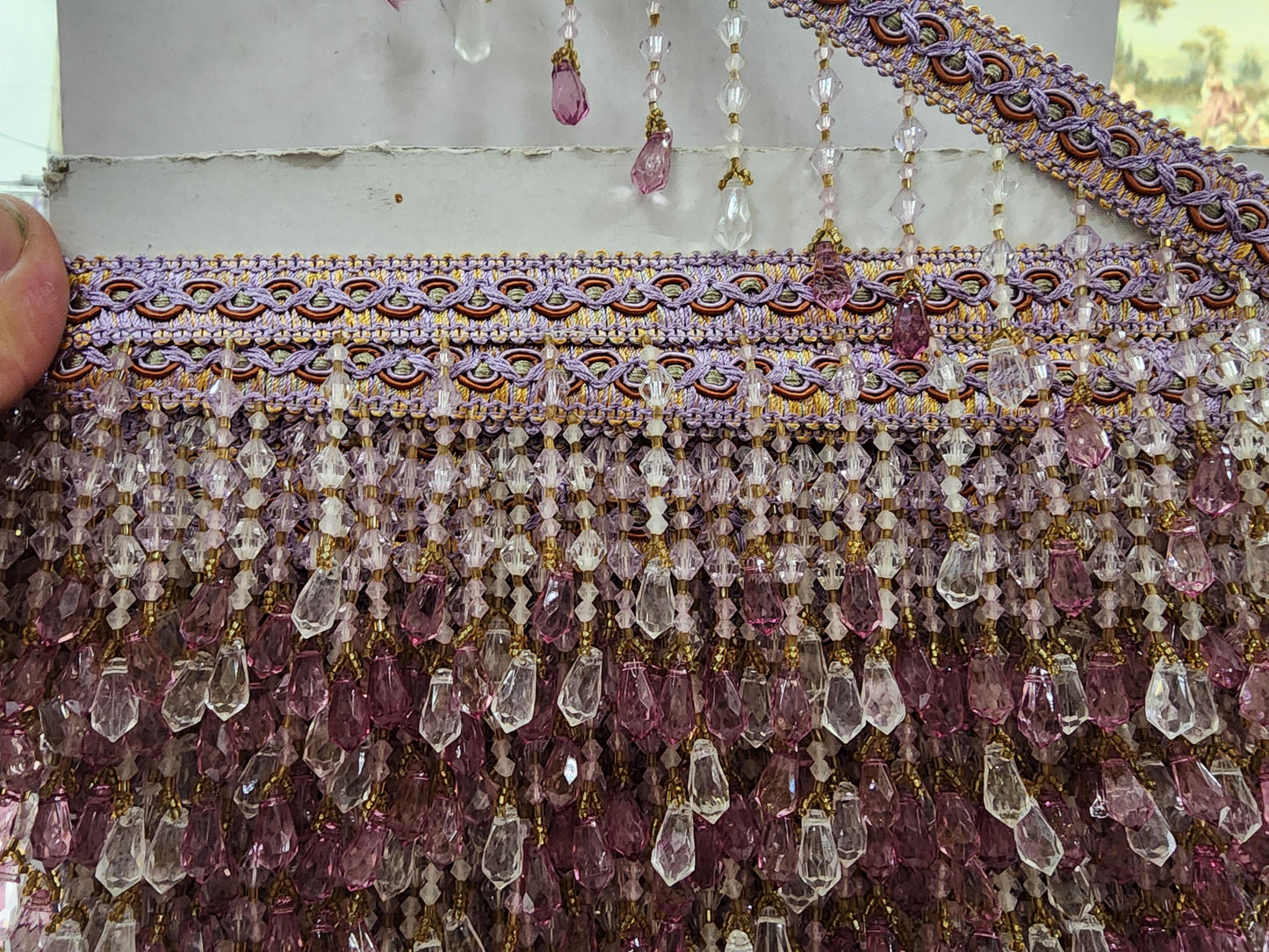 Braided Hanging Beads, Color lilac Tassel Trim Fringe Fabric Ribbon Trimming Handwork sold by yard