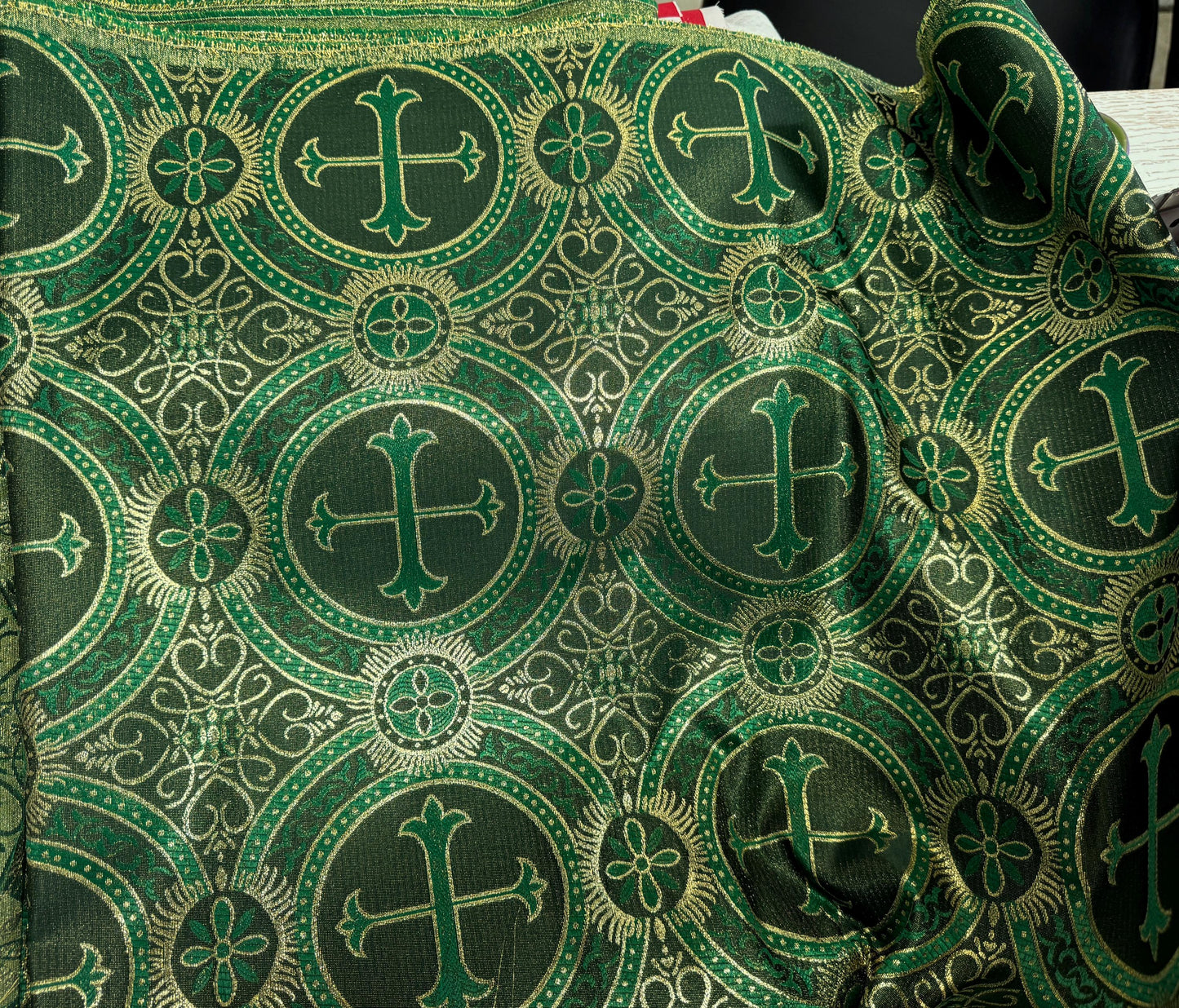Liturgical Brocade,Church Gorgeous Cross acetate brocade Fabric Cross Brocade Hunter Green/Gold 58" Wide