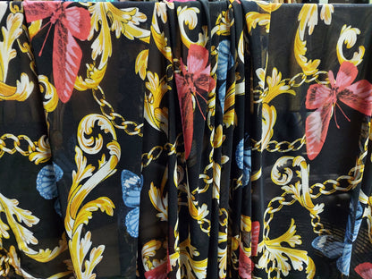 ad Power Mesh New chains with butterflies print on 4-way stretch mesh 58” Sold by the yard